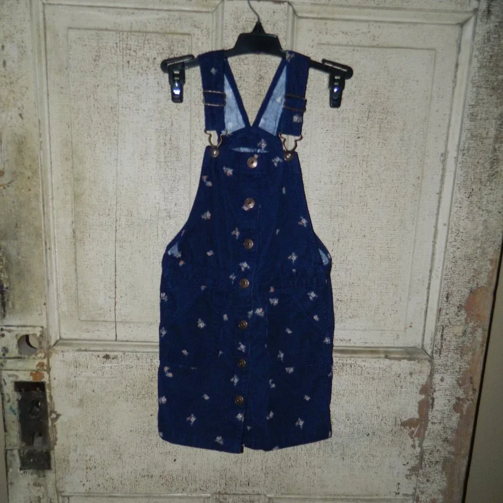 Vintage OshKosh Bgosh Corduroy Floral Blue Overall Dress Size 7 (H-14)